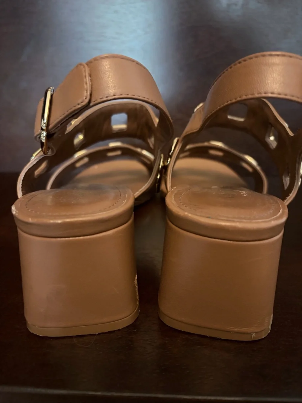 Larroude Tan Leather Slingback Heeled Sandals w/ Gold Geometric Detail -Sz 7.5